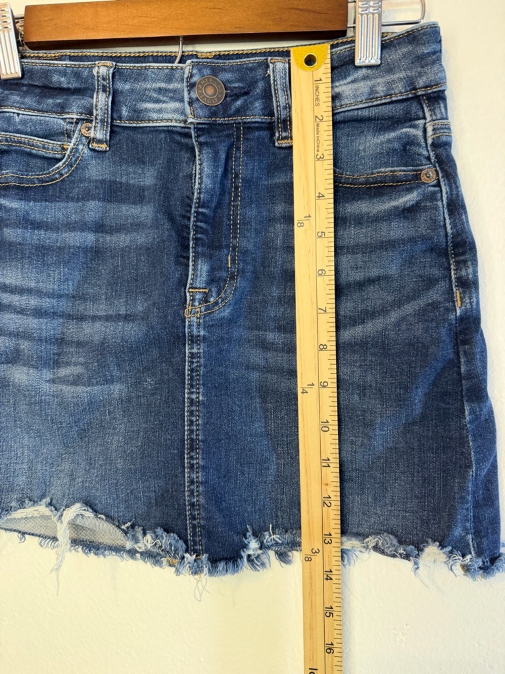 American Eagle Outfitters Dark Blue Denim Mini Skirt with Frayed Hem - Picture 4 of 5
